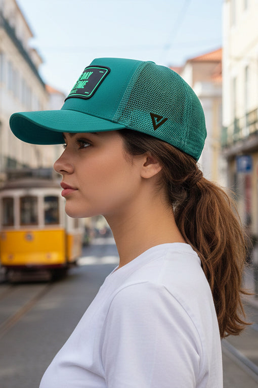 
                  
                    "One Day at a Time" Trucker Hat Premium Rubber Logo
                  
                