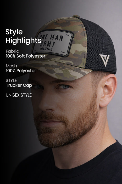 
                  
                    "One Man Army" Trucker Hat Premium Rubber Logo
                  
                