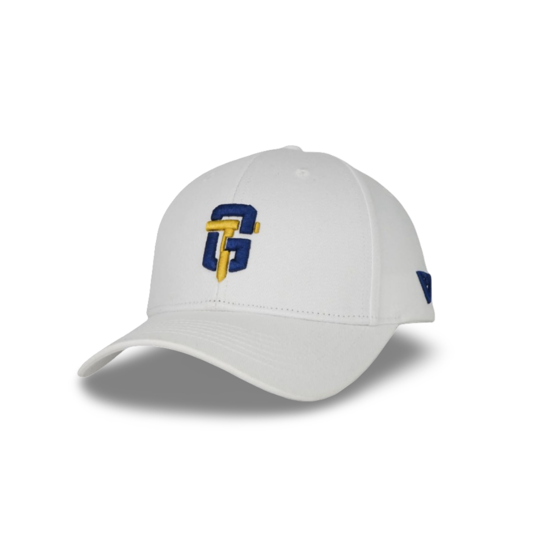 White baseball cap with GT logo, stylish valientecaps branded hat, adjustable strap, casual athletic headwear.