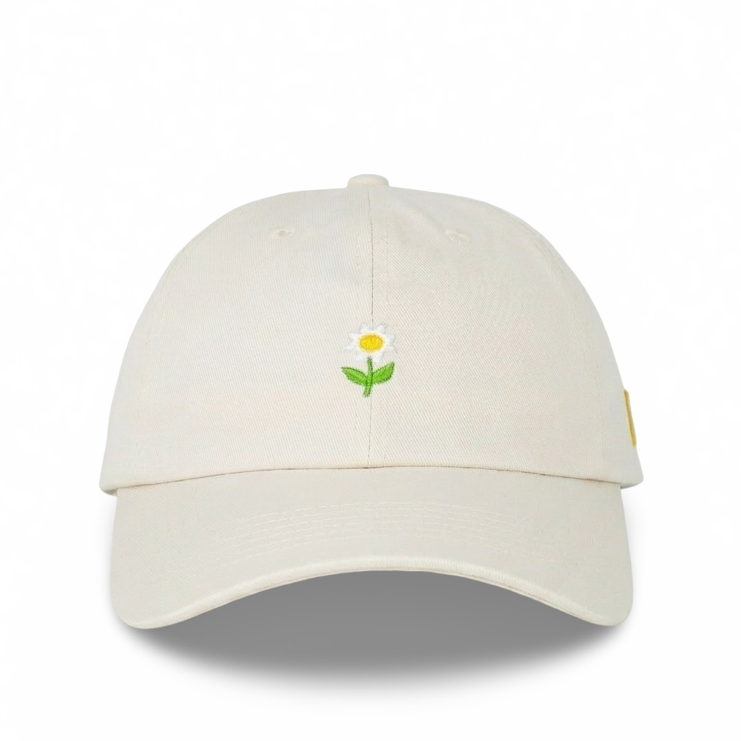
                  
                    Bright sunflower with yellow petals and green leaves, branded valientecaps, close-up on a white background.
                  
                