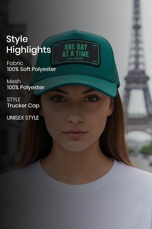 
                  
                    "One Day at a Time" Trucker Hat Premium Rubber Logo
                  
                