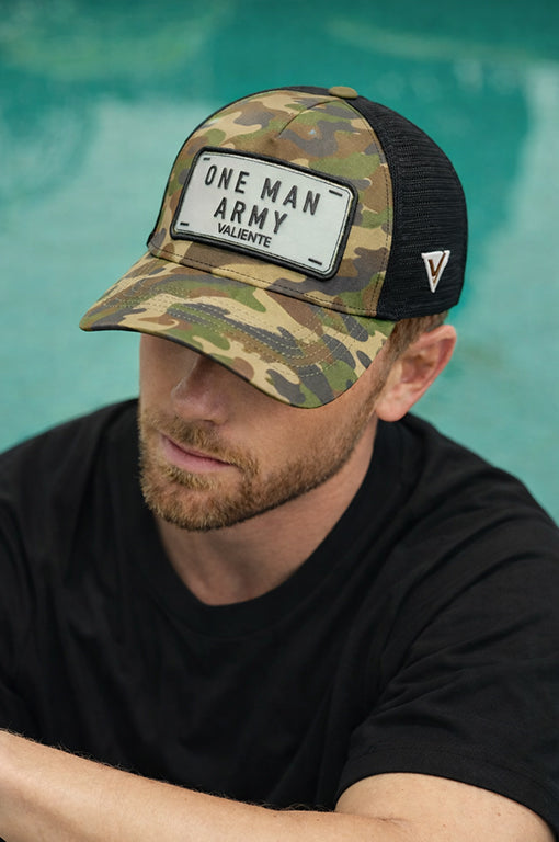 
                  
                    "One Man Army" Trucker Hat Premium Rubber Logo
                  
                