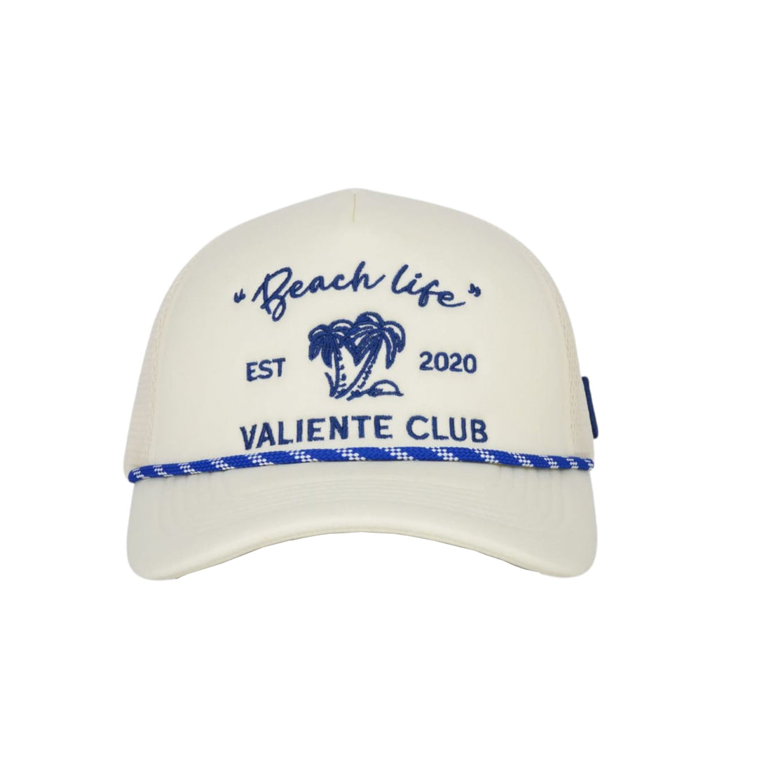 ValienteCaps Beach Life Club hat featuring a colorful embroidered patch, adjustable strap, casual summer accessory for outdoor wear.