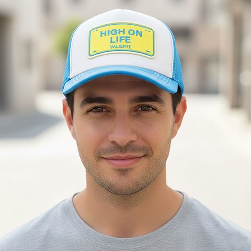 "High on Life" Trucker Hat Premium Rubber Logo - valientecaps
