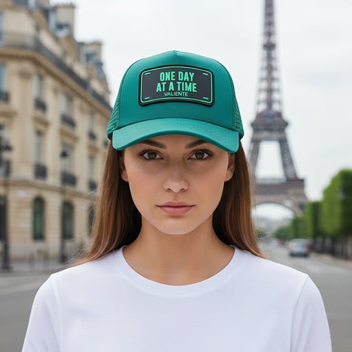 "One Day at a Time" Trucker Hat Premium Rubber Logo - valientecaps