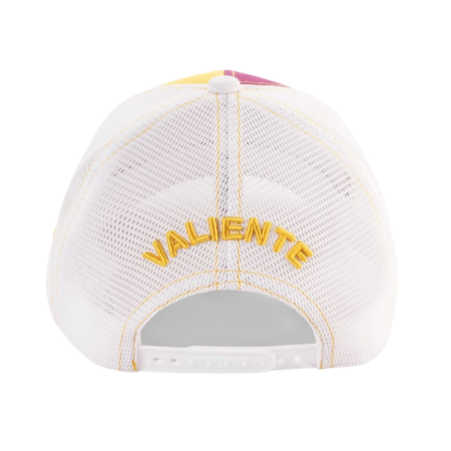 
                  
                    Valientecaps KKR dual tone silicon logo, close-up of black and silver embroidered team emblem on cap fabric
                  
                